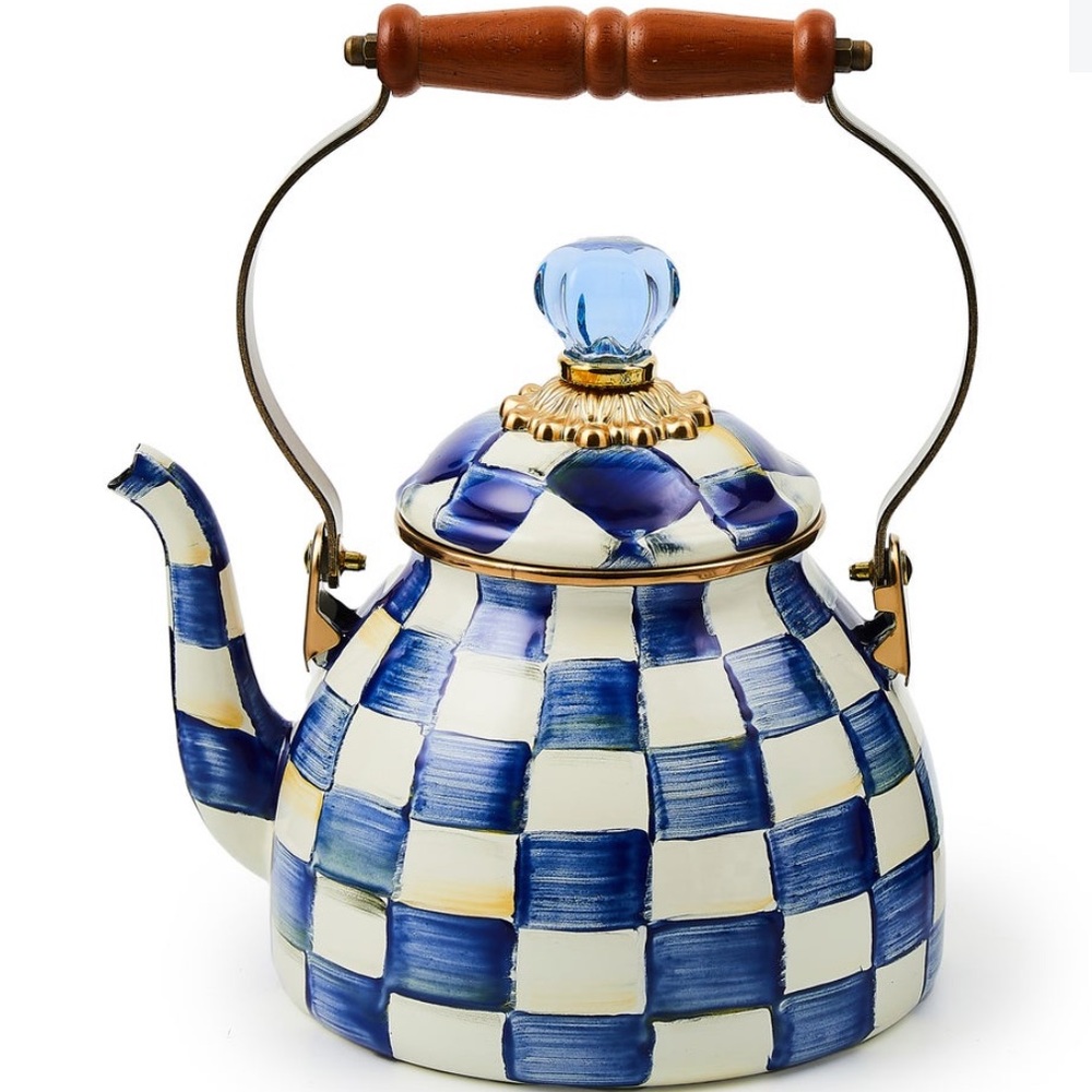 MacKenzie-Childs NWOT Blue and White Royal Check Tea Kettle 2 Quart